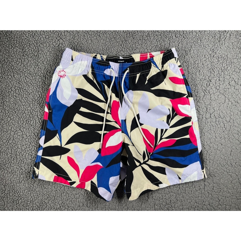 Express Men's Swim Trunks Tropical Floral Print Elastic Waist Drawstring Size S